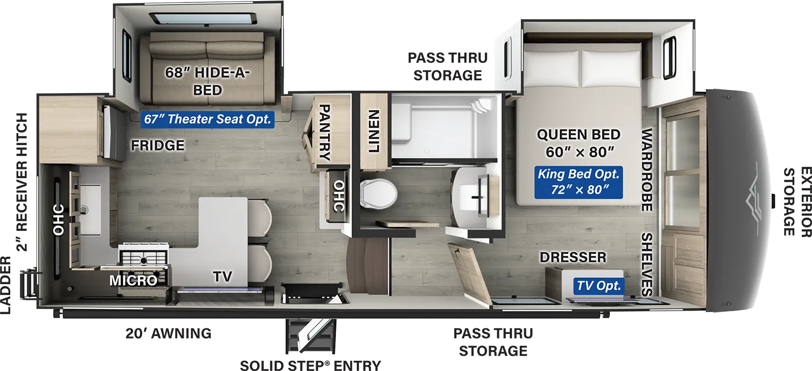 The Flagstaff Classic Fifth Wheels F281RK has one entry and two slide outs. Exterior features include: fiberglass exterior and 20' awning. Interiors features include: rear kitchen and front bedroom.